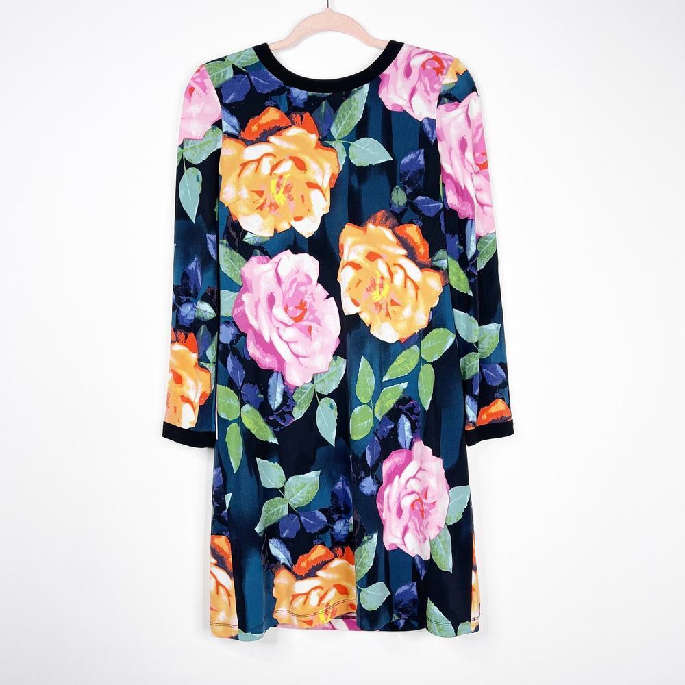 2/$30 Eliza J Floral Watercolor Shift Dress 6 Multi Long Sleeve Back Zip #6672